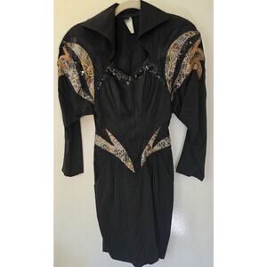 IIF Vintage 80's Dress Sequins Appliqué Illusion Net Body Con Long Slv Sz 6 USA